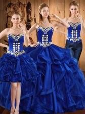 Designer Royal Blue Sweet 16 Quinceanera Dress Military Ball and Sweet 16 and Quinceanera with Embroidery and Ruffles Sweetheart Sleeveless Lace Up