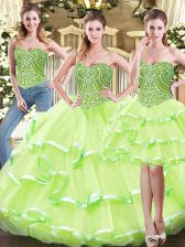Hot Sale Yellow Green Three Pieces Organza Sweetheart Sleeveless Ruffled Layers Floor Length Lace Up Sweet 16 Dresses