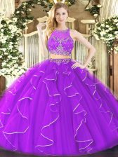  Purple Ball Gowns Scoop Sleeveless Organza Floor Length Zipper Ruffles Quinceanera Gowns