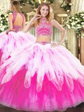 Custom Design Sleeveless Tulle Floor Length Backless Quinceanera Gown in Multi-color with Beading and Ruffles