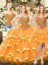 Fitting Orange Red Three Pieces Beading and Ruffled Layers Quinceanera Gowns Lace Up Organza Sleeveless Floor Length