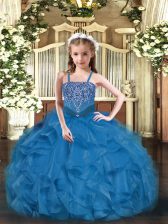  Blue Lace Up Straps Beading and Ruffles Little Girl Pageant Gowns Organza Sleeveless