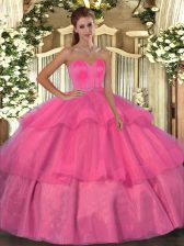 Lovely Hot Pink Quinceanera Dresses Military Ball and Sweet 16 and Quinceanera with Beading and Ruffled Layers Sweetheart Sleeveless Lace Up