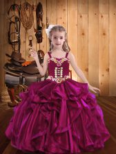 Fuchsia Girls Pageant Dresses Sweet 16 and Quinceanera with Embroidery and Ruffles Straps Sleeveless Lace Up