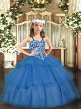 High Class Sleeveless Floor Length Beading and Ruffled Layers Lace Up Pageant Gowns For Girls with Baby Blue