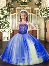  Sleeveless Floor Length Beading Lace Up Little Girls Pageant Gowns with Royal Blue