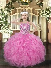  Rose Pink Organza Lace Up Straps Sleeveless Floor Length Kids Formal Wear Beading and Ruffles