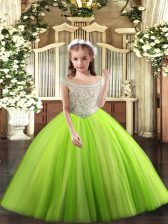  Sleeveless Tulle Floor Length Lace Up Pageant Dresses in Yellow Green with Beading