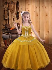  Gold Organza Lace Up Girls Pageant Dresses Sleeveless Floor Length Embroidery