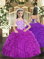  Purple Sleeveless Floor Length Beading and Ruffles Lace Up Pageant Dress for Teens