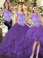  Purple Scoop Neckline Beading and Ruffles Quinceanera Gowns Sleeveless Zipper