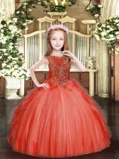 Simple Red Scoop Neckline Beading and Ruffles Pageant Dress Toddler Sleeveless Zipper