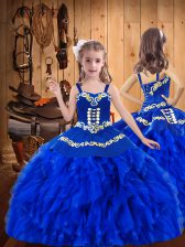 Great Royal Blue Lace Up Kids Pageant Dress Embroidery and Ruffles Sleeveless Floor Length