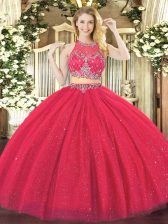  Coral Red Sweet 16 Dress Military Ball and Sweet 16 and Quinceanera with Beading Scoop Sleeveless Zipper