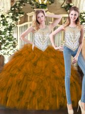 Captivating Brown Zipper Scoop Beading and Ruffles Quince Ball Gowns Organza Sleeveless