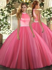  Coral Red Sweet 16 Dresses Military Ball and Sweet 16 and Quinceanera with Beading Halter Top Sleeveless Backless