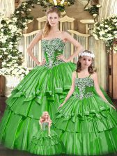 Flare Sleeveless Organza Floor Length Lace Up Vestidos de Quinceanera in Green with Beading and Ruffled Layers