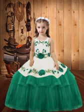Lovely Turquoise Organza Lace Up Straps Sleeveless Floor Length Glitz Pageant Dress Embroidery and Ruffled Layers