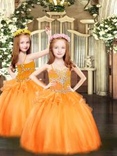  Organza Spaghetti Straps Sleeveless Lace Up Beading Kids Formal Wear in Orange