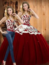  Wine Red Two Pieces Embroidery 15th Birthday Dress Lace Up Satin and Tulle Sleeveless Floor Length