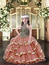  Rust Red Evening Gowns Party and Quinceanera with Beading and Ruffled Layers Halter Top Sleeveless Lace Up