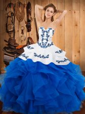  Strapless Sleeveless Sweet 16 Quinceanera Dress Floor Length Embroidery and Ruffles Blue Satin and Organza