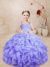  Lavender Straps Neckline Beading and Ruffles Pageant Gowns Sleeveless Lace Up