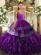Cheap Sleeveless Organza Floor Length Lace Up Quinceanera Gown in Eggplant Purple with Beading and Appliques and Ruffles
