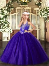 Cute Purple Sleeveless Beading Floor Length Kids Pageant Dress