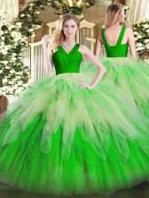 Luxury Multi-color Organza Zipper V-neck Sleeveless Floor Length Ball Gown Prom Dress Ruffles