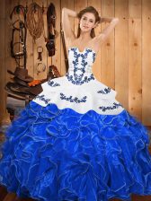 Colorful Ball Gowns Quinceanera Gowns Blue And White Strapless Satin and Organza Sleeveless Floor Length Lace Up
