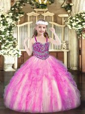Simple Rose Pink Sleeveless Beading and Ruffles Floor Length Pageant Dress for Teens