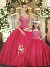 Stylish Hot Pink Straps Lace Up Beading Ball Gown Prom Dress Sleeveless