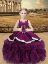 Low Price Sleeveless Floor Length Beading and Ruffles Lace Up Pageant Dress Toddler with Purple