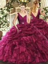 Custom Fit Burgundy Organza Backless Sweet 16 Dresses Sleeveless Floor Length Beading and Ruffles