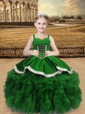  Sleeveless Floor Length Beading and Ruffles Lace Up Pageant Dress for Teens with Green