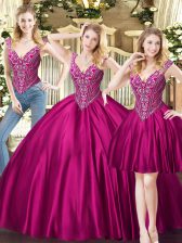 Exceptional Fuchsia Lace Up Quinceanera Gowns Beading Sleeveless Floor Length