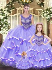 Latest Lilac Sleeveless Beading and Ruffled Layers Floor Length Sweet 16 Dress