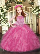  Hot Pink Sleeveless Beading and Ruffles Floor Length Pageant Dress