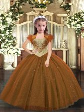  Floor Length Ball Gowns Sleeveless Brown Little Girl Pageant Gowns Lace Up