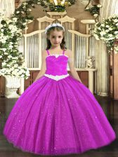 Inexpensive Fuchsia Ball Gowns Appliques Little Girl Pageant Gowns Zipper Tulle Sleeveless Floor Length