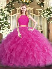 Fantastic Sleeveless Tulle Floor Length Zipper Ball Gown Prom Dress in Hot Pink with Ruffles