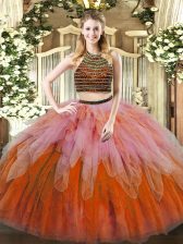 Edgy Multi-color Two Pieces Tulle Halter Top Sleeveless Beading and Ruffles Floor Length Lace Up Sweet 16 Dresses