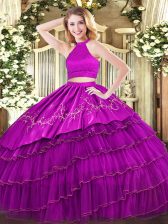 Fantastic Fuchsia Halter Top Backless Beading and Embroidery and Ruffled Layers Ball Gown Prom Dress Sleeveless