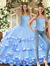 Sophisticated Floor Length Lace Up Vestidos de Quinceanera Baby Blue for Military Ball and Sweet 16 and Quinceanera with Beading and Ruffled Layers