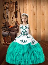 Hot Selling Aqua Blue Organza Lace Up Straps Sleeveless Floor Length Little Girls Pageant Gowns Embroidery and Ruffles