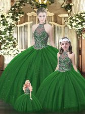  Dark Green Tulle Lace Up Halter Top Sleeveless Floor Length Sweet 16 Dresses Beading