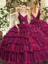 Sweet V-neck Sleeveless Organza 15 Quinceanera Dress Beading and Ruffled Layers Backless
