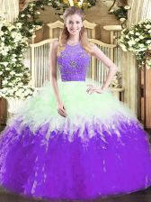  Sleeveless Floor Length Beading and Ruffles Zipper Quinceanera Dress with Multi-color