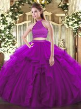  Floor Length Purple Vestidos de Quinceanera Tulle Sleeveless Beading and Ruffles